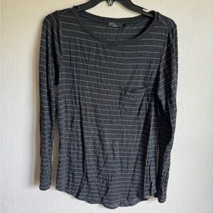 Prana Gray Blue Striped Long Sleeve Crew Neck Pocket Tee Womens S Classic Basic